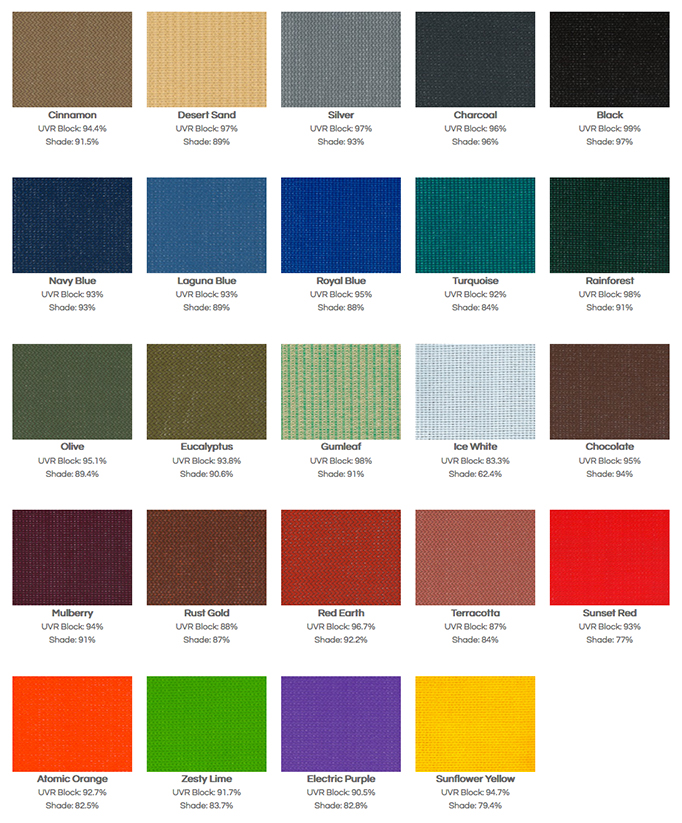 Shade Sail Colour Chart